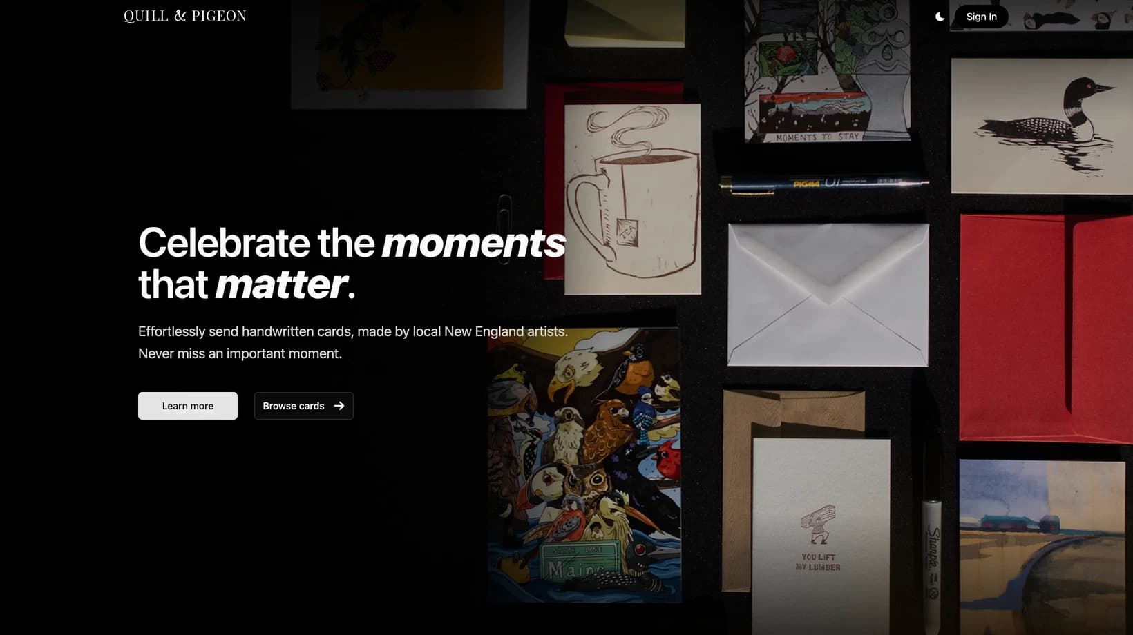 Quill & Pigeon storefront featuring handcrafted greeting cards